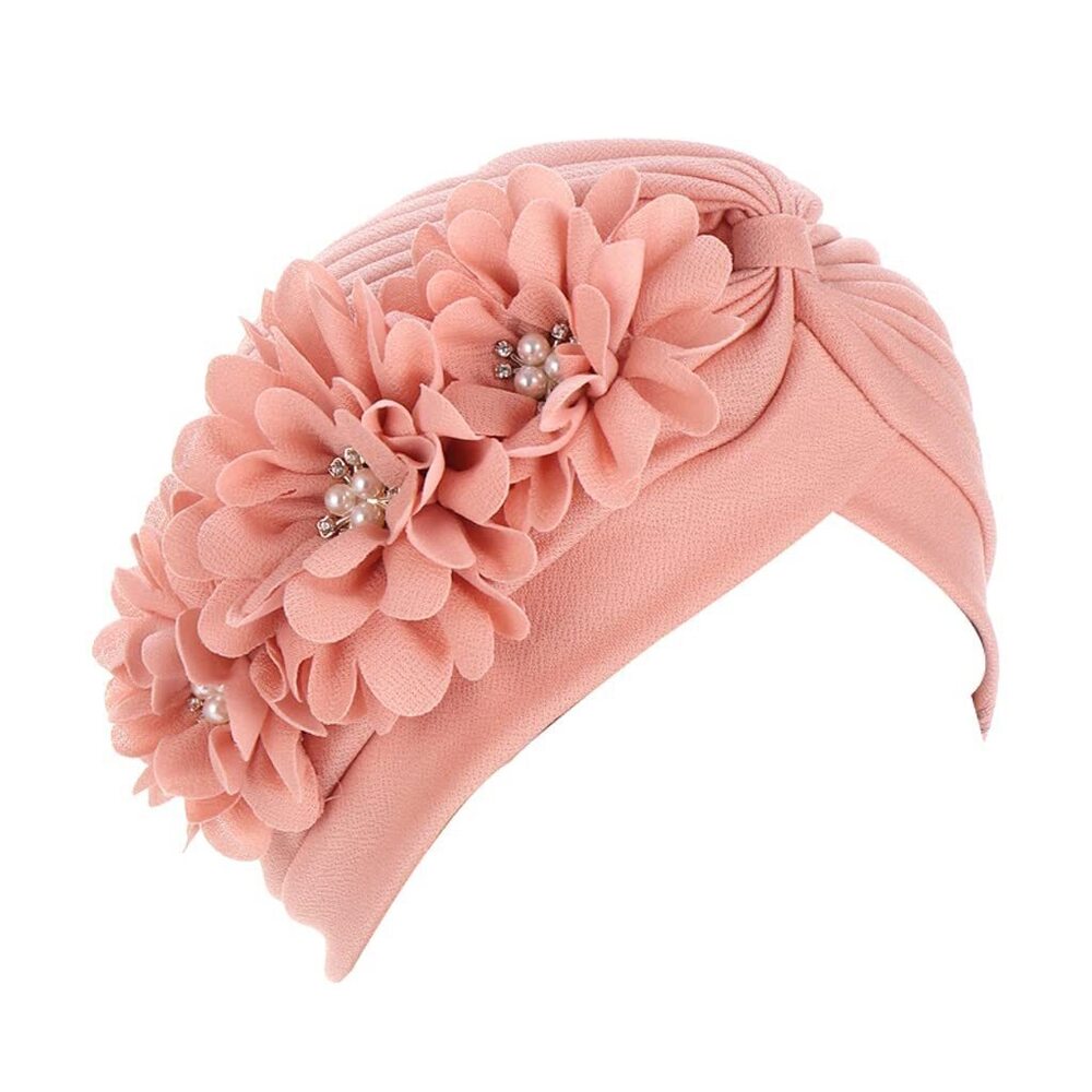 7916 Turban Hat Solid Color Pearls Alloy Jewelry Turban Headwrap Pink